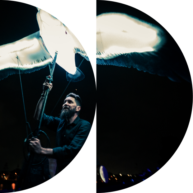 A man flying a bird puppet at a night festival