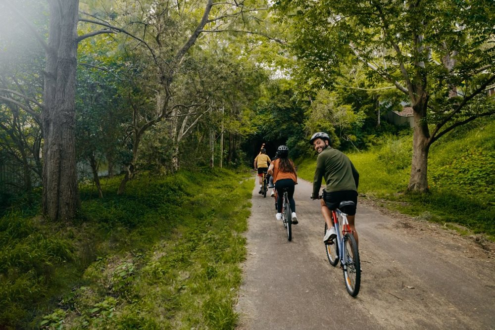 three cyclists riding on a bush trail in newcastle