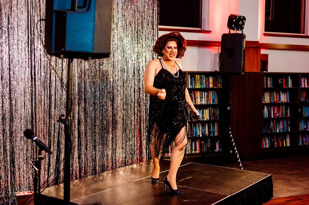 A drag queen performs at a Library event