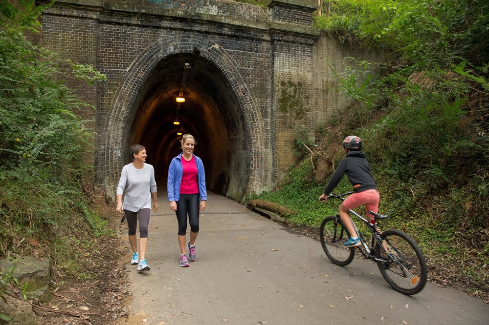 A cyclists going into a tunnel on the Fernleigh track