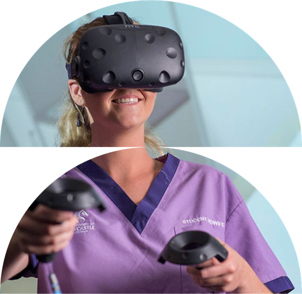 Smiling woman university student, wearing uniform with VR headset and holding VR controllers.