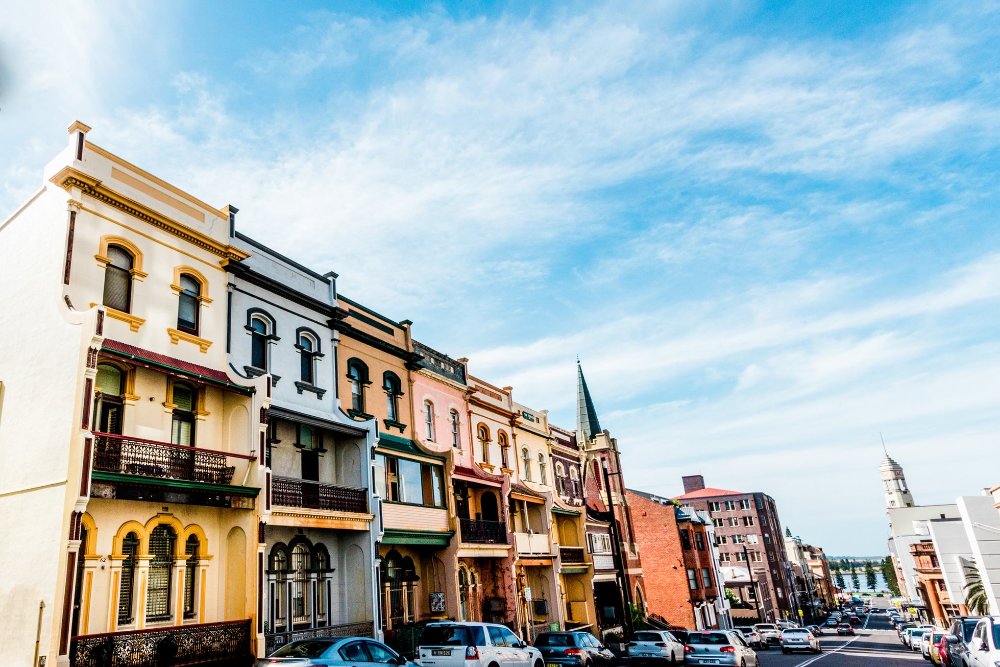 A row of colourful historic townhouses in Newcastle East