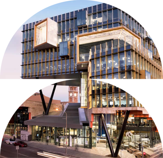 University of Newcastle city campus building at dusk 